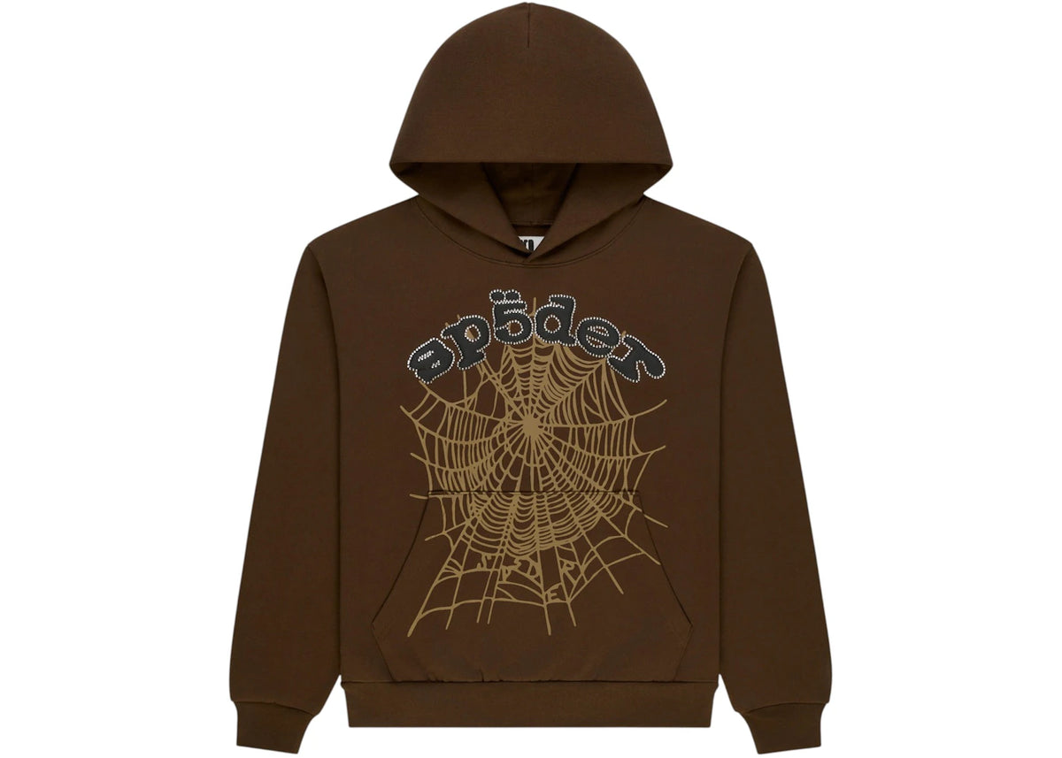 Sp5der Rhinestone OG Web Hoodie Brown