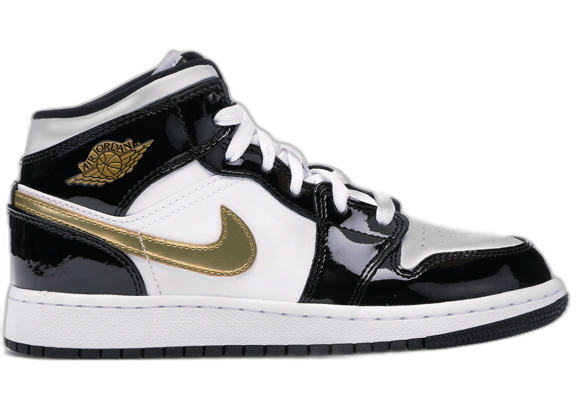 Jordan 1 Mid Patent Black White Gold (GS)