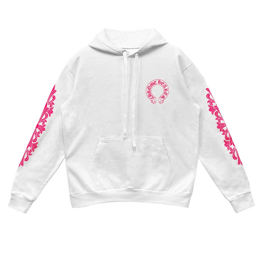 Chrome Hearts Pink Horseshoe Floral Sleeve Pullover Hoodie