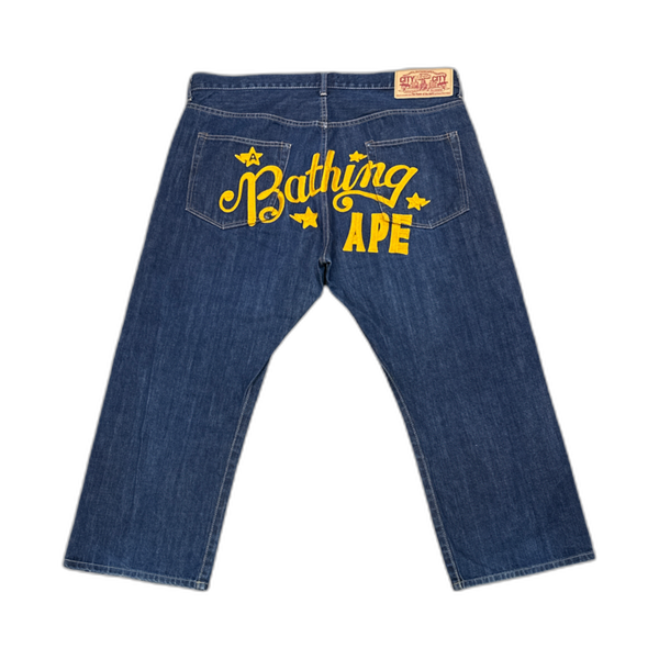 Bape Indigo Denim Yellow Spell Out Logo Star - Pre-Owned