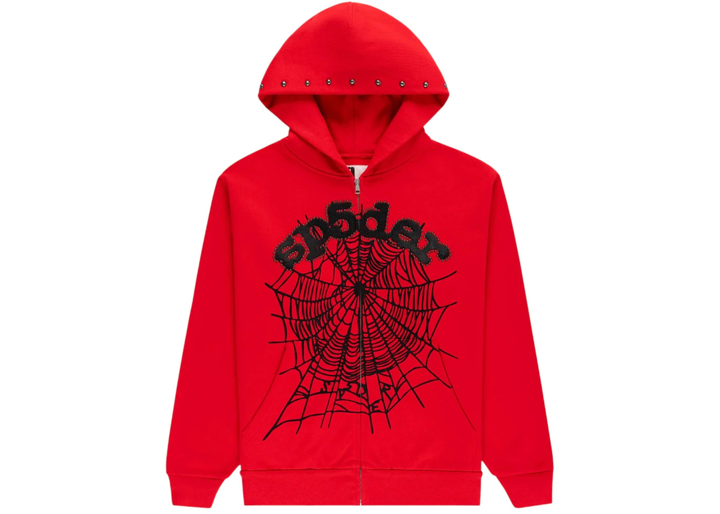 Sp5der OG Web Studded Zip Hoodie Red