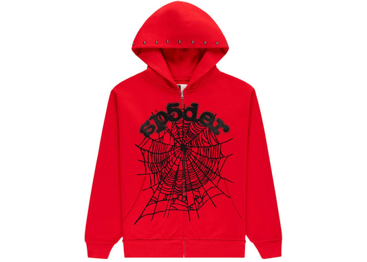 Sp5der OG Web Studded Zip Hoodie Red