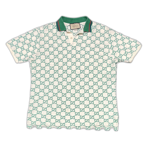 Gucci Logo-Embroidered Cotton Blend Polo in White and Green